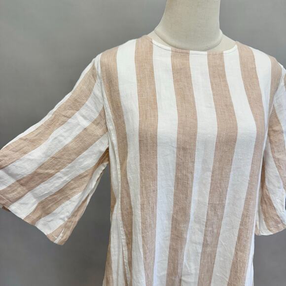 Everlane Linen A-Line Midi Dress Bone White/Caramel Stripe Size 8 Boxy Lagenlook - Picture 6 of 15